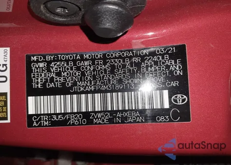 2021 Toyota Prius Prime Le из США, поврежденный, VIN JTDKAMFP4M3189113